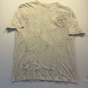 Monarchy Mens Large T-Shirt Beige Embroidered Y2K Distressed Corpus Scamp Crest
